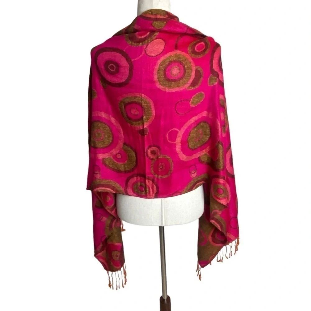 Pashmina silk Reversible Circle Dots‎ fringed pink brown Gold Scarf Approx 69x27